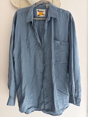 Protest 100% Silk Button Down Shirt Blue Long Sleeve Pocket Top Size L